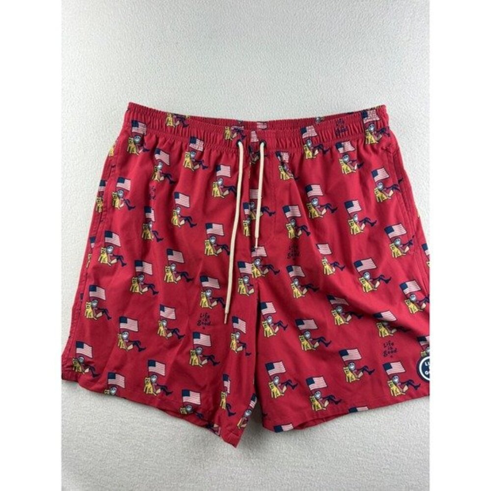 Life is Good Mens Red American Flag Jake Rocket Swim Trunks Board Shorts Large